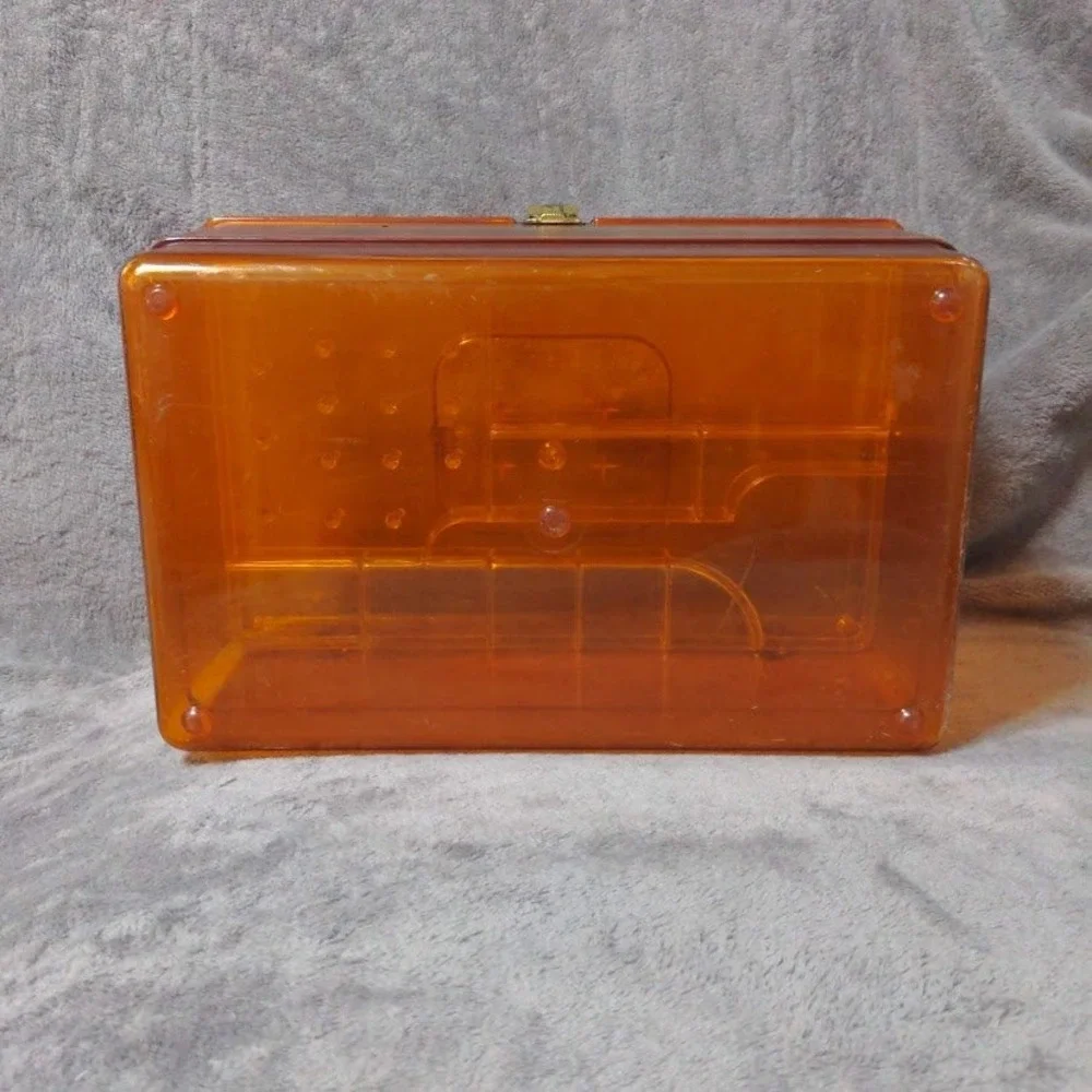 Vtg Wil-Hold Amber Orange Translucent Plastic Sewing Box MCM Case Gold Floral